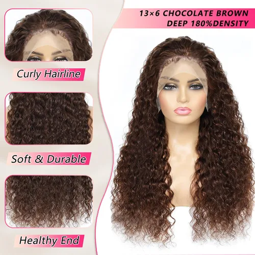 Vista 3 de Peluca de cabello humano castaño chocolate predepilado de 13 x 6 pulgadas, pelucas de cabello humano ondulado profundo con encaje frontal, densidad