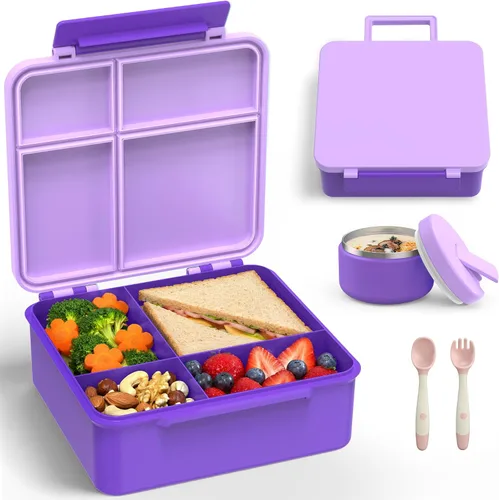 Vista 8 de Lonchera Bento con termo de sopa de 8 onzas, recipientes de almuerzo a prueba de fugas con 4 compartimentos, tarro térmico para comida caliente