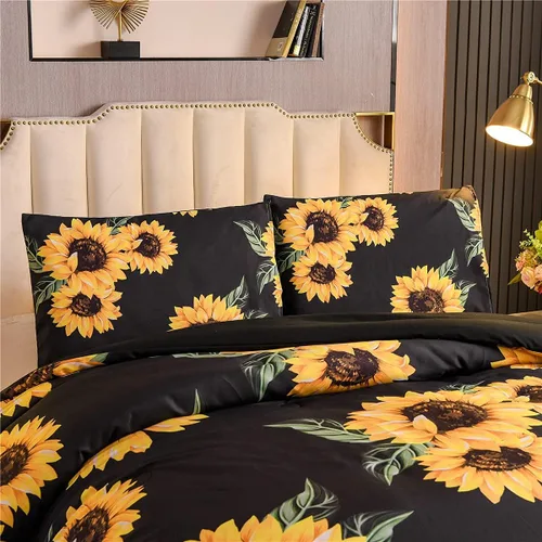 Vista 2 de NTBED Juego de edredón de girasoles negros, tamaño Queen, color amarillo, floral, botánico, edredón de microfibra de 3 piezas para niñas