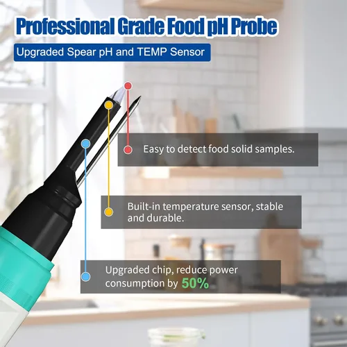 Vista 4 de Medidor de pH de alimentos, probador digital de pH impermeable con sonda de pH/temperatura de alta precisión, ideal para masa madre, queso, muestras