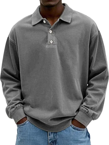 Vista 5 de Camisa Polo de Manga Larga para Hombre Camisa con Botón Desgastado Básica Color Sólido Camisa Polo Clásica Holgada Casual Camisas con Cuello Camiseta