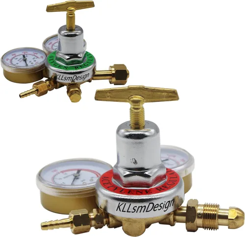 Vista 2 de Medidores de gas de soldadura duales, oxígeno (CGA-540) y acetileno (CGA-510) Combo de reguladores (2 PCS), regulador de soldador de gas de calibre