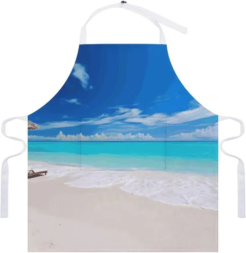 Vista 7 de MUSM White Beach Tropical Sea Apron，Classic Vintage Funny with Pockets Aprons,Adjustable Bib Waterdrop Resistant for Kitchen Cooking Restaurant BBQ