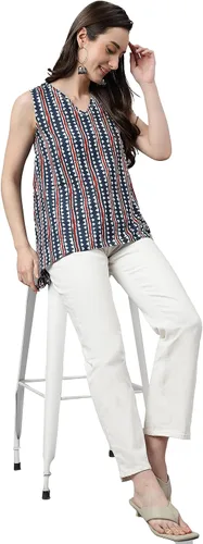 Vista 4 de Janasya Camiseta india de algodón azul marino con estampado geométrico para mujer
