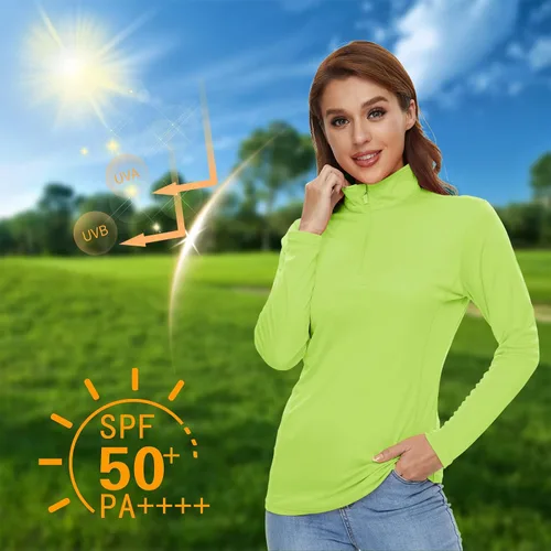 Vista 4 de CRYSULLY Camisas de manga larga para mujer, protección solar, cremallera de 14, de verano, de secado rápido