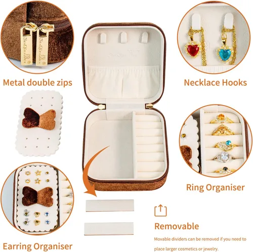 Vista 3 de SANQIANWAN Joyero de viaje de terciopelo de lujo para mujer, mini organizador de joyería pequeña, estuche de viaje portátil para anillos, aretes