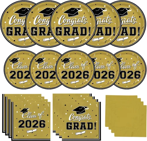 Vista 15 de Platos y servilletas de fiesta de graduación, decoraciones de graduación de clase de 2026, platos de papel desechables negros y dorados, servilletas