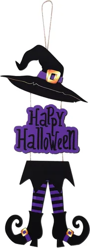 Vista 8 de Yerliker Decoración de letrero de Halloween con patas de bruja, sombrero de madera para colgar, decoración de pared de madera, versión rústica