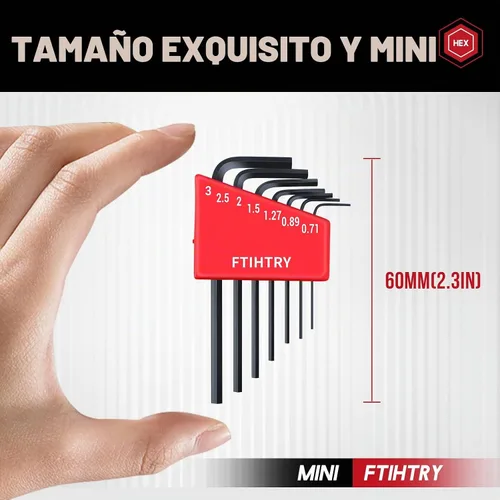 Vista 3 de FTIHTRY 7PCS Mini Hex-L Clave Allen Métrica, 0.7mm, 0.9mm, 1.27mm, 1.5mm, 2mm, 2.5mm, 3mm, Acero de Cromo Vanadio