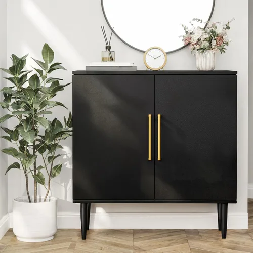 Vista 4 de Vrullu Gabinete de Almacenamiento Moderno, Gabinete de Buffet Independiente, Aparador Negro y Almacenamiento de Buffet, Muebles de Acento de Madera