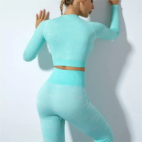 Vista 4 de MJWDP - Conjunto de ropa de yoga con puntos de color, sin costuras, cintura alta, pantalones de yoga para el vientre, traje deportivo de manga larga