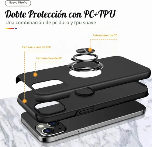 Vista 6 de Funda a prueba de golpes para iPhone 13 de 6.1 pulgadas, [anillo de dedo integrado] funda de teléfono de grado militar con soporte de metal Negro