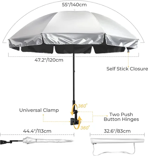 Vista 2 de G4Free Sombrilla universal UPF 50+ con abrazadera ajustable para exteriores, protección UV, silla de playa, sombrilla para cochecitos, sillas
