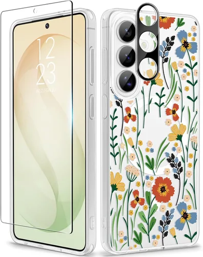 Vista 65 de GVIEWIN Funda protectora para Samsung Galaxy S25, transparente floral, delgada, a prueba de golpes, para mujer, no se pone amarilla, con protector