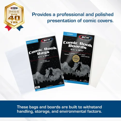 Vista 2 de BCW Bolsas y tableros de cómics para cómics de la era actual, paquete de 200 Fundas y tableros de respaldo para cómics de grado de archivo