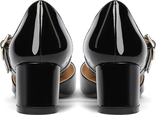 Vista 4 de MODENCOCO Zapatos de tacón bajo grueso con hebilla de bloque y correa ajustable para mujer, puntera puntiaguda, de 2 pulgadas