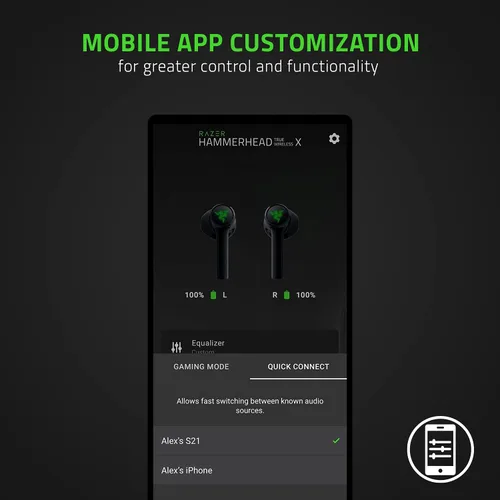 Vista 4 de Razer Hammerhead True Wireless X Earbuds: controladores personalizados de 0.512 in - Bluetooth 5.2 con emparejamiento automático - Modo de juego