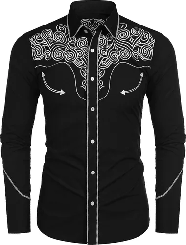 Vista 3 de Coofandy - Camisa estilo vaquero del oeste bordada de manga larga, ajuste ceñido, con botones, informal, para hombre