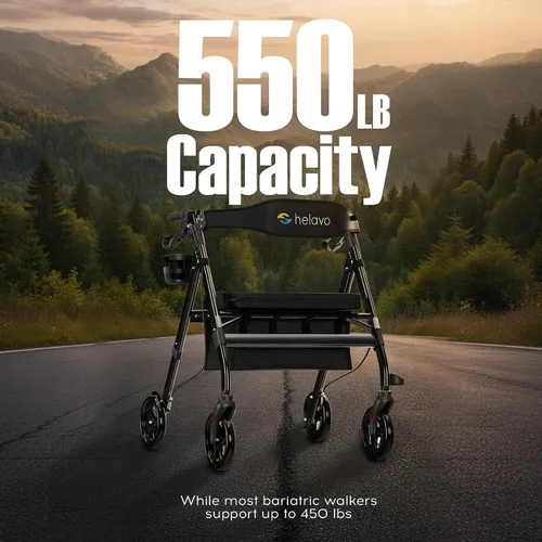Vista 7 de Helavo Andador Bariátrico con Asiento Grande y Altura Ajustable, Capacidad de Peso de 500 libras, Ruedas Todo Terreno de 8 Pulgadas, 28 Pulgadas