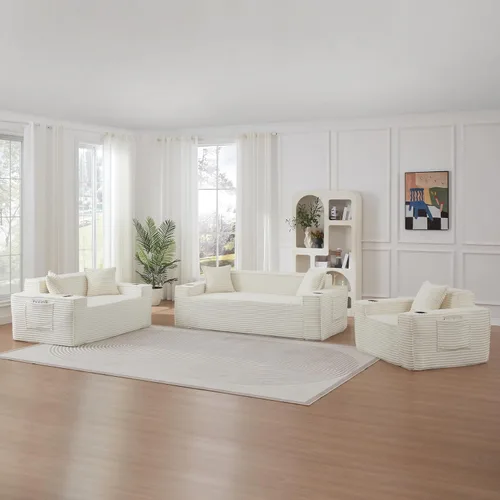 Vista 29 de Sofá sin hueso de 66.5 pulgadas con portavasos y bolsillos laterales, sofá biplaza tapizado de tela de pana moderna con 2 almohadas para sala