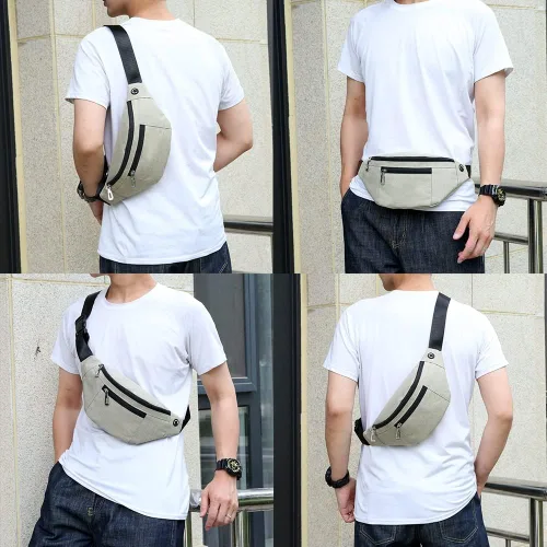 Vista 4 de Riñonera para hombres y mujeres, de moda e impermeable con cinturón ajustable, bolsas de riñonera casuales para correr, deportes, viajes. beige