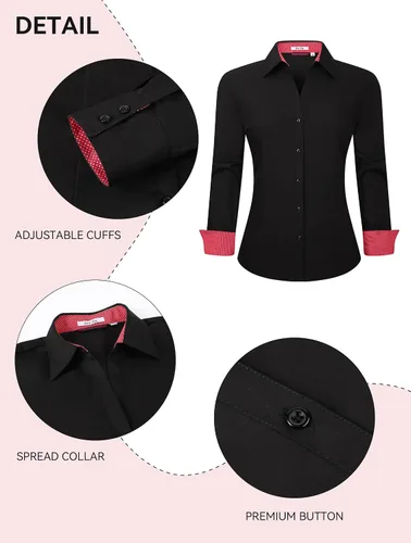 Vista 3 de Esabel.C Camisas de manga larga con botones para mujer, ajuste regular, blusa de trabajo elástica