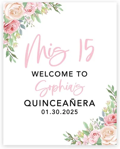 Vista 19 de Andaz Press Letrero de bienvenida de quinceañera grande personalizado, Art Deco Bienvenidos de 16 x 20 pulgadas, lienzo premontado para fotos