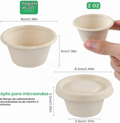 Vista 2 de Paquete de 200 tazas de salsa desechables de 2 onzas, mini tazas de condimento de fibra de bagazo biodegradable con tapas para preparación