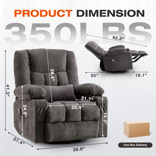 Vista 2 de Silla reclinable giratoria para adultos, reclinable de gran tamaño con masaje por vibración y calor lumbar, mecedora ergonómica con bolsillo