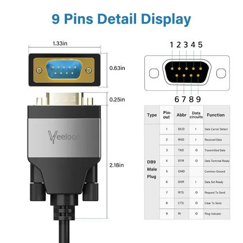 Vista 6 de Adaptador USB 2.0 a serie (FTDI Chipset), 4 pies USB A a RS232 macho DB9 Convertidor de pines Cable serie con bridas para Windows 11, 10, 8.1, 8, 7