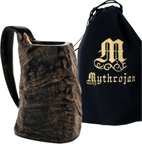 Vista 8 de Mythrojan Taza vikinga con cuerno de beber, 100% auténtica, de búfalo natural, de inspiración medieval, taza de vino vikingo Mead Ale con bolsa