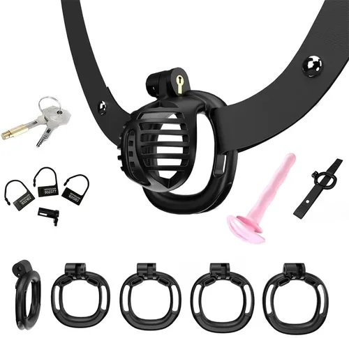 Vista 9 de Heuceo Jaula de castidad pequeña y ligera con 4 anillos y cinturón de castidad y dilatador uretral de silicona para hombre, mini jaula de pene liso