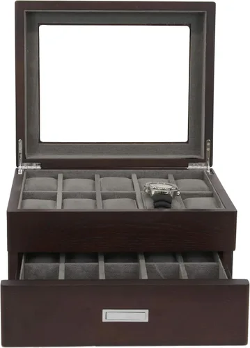 Vista 4 de Tech Swiss Caja de reloj para 20 compartimentos grandes de madera maciza de grano expreso marrón