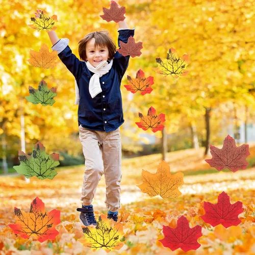 Vista 4 de 500 hojas de arce artificiales de otoño, hojas de arce artificiales a granel para manualidades, bodas, festivales, decoraciones de fiesta de Acción