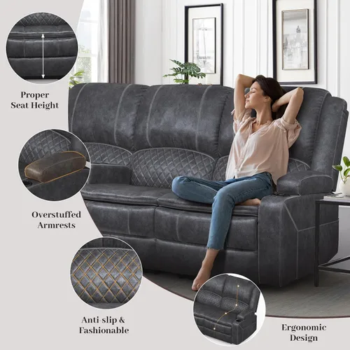 Vista 7 de Yolsali Sofá reclinable de 3 plazas, sofá reclinable manual con asiento central multifuncional, sofá reclinable para sala de estar con espacio