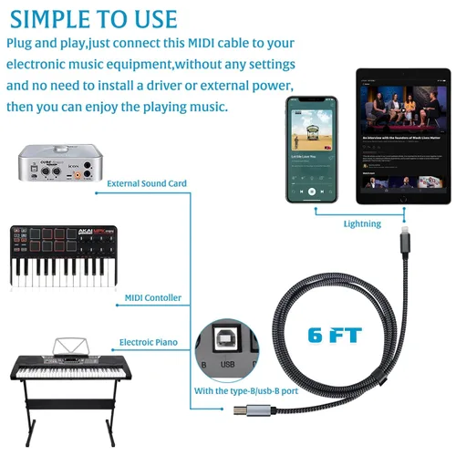 Vista 3 de Cable Lightning a MIDI USB OTG tipo B para iPhone seleccionado, modelos de iPad para controlador midi, instrumento de música electrónico, teclado