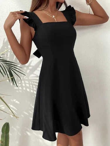 Vista 3 de MakeMeChic Vestido corto de verano sin mangas con volantes y lazo en la espalda abierta para mujer