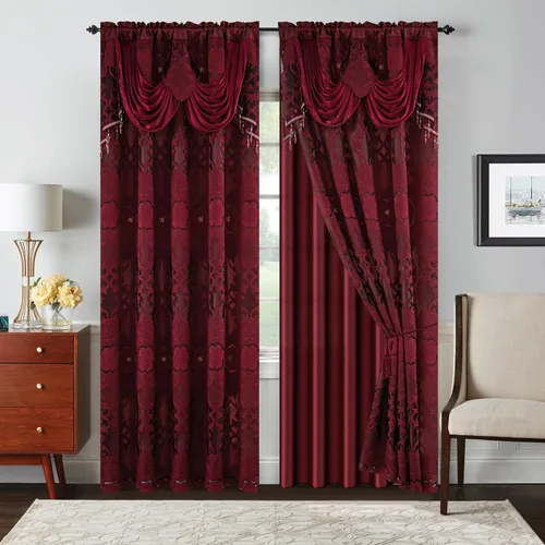 Vista 8 de Petrichor Cortinas de gasa jacquard transparente borgoña (54 pulgadas de ancho x 63 pulgadas de largo), 2 paneles con cenefa adjunta, diseño floral