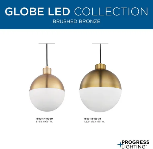 Vista 9 de Globe LED Collection - Lámpara colgante moderna de cristal ópalo de mediados de siglo, bronce cepillado