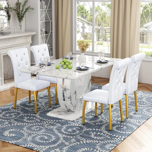 Vista 16 de Moderno juego de mesa de comedor de mármol sintético para 4, mesa de cocina rectangular blanca de 63 pulgadas con elegante base de pedestal