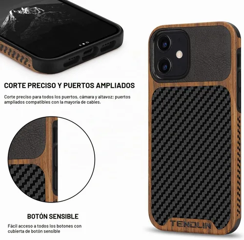 Vista 5 de TENDLIN Compatible con iPhone 12 Mini Funda de Grano de Madera con Textura de Fibra de Carbono Diseño de Cuero Híbrido Funda Negra