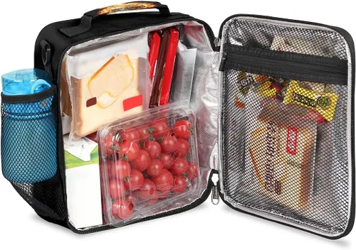 Vista 4 de Pardick Divertida bolsa de almuerzo aislada con calavera de fuego para adolescentes y niños, lonchera portátil reutilizable con correa