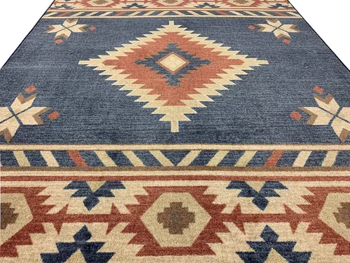 Vista 4 de Tapete de colección Nevita con diseño geométrico nativo americano del sudoeste, Sintético, Azul