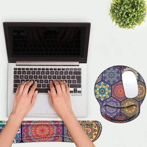 Vista 7 de Juego de reposamuñecas de espuma viscoelástica para mouse Mandala colorido.
