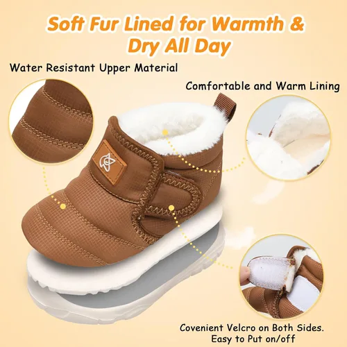 Vista 3 de QFH Zapatos cálidos de invierno para bebés, niños y niñas, botas de nieve antideslizantes para niños pequeños, botas de piel sintética resistentes