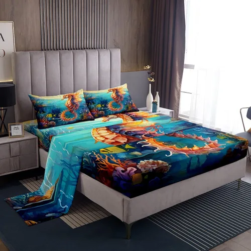 Vista 38 de Erosebridal Juego de sábanas de ballena náutica, tamaño individual, juego de ropa de cama vintage azul con ondas oceánicas para niños y niñas