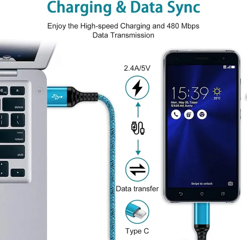 Vista 5 de Cable USB C de carga rápida tipo C de 6 pies, paquete de 5 cables de carga de nailon para Samsung Galaxy S26 A17 A16 5G A12 A32 A52 S23 S22 S21 A14