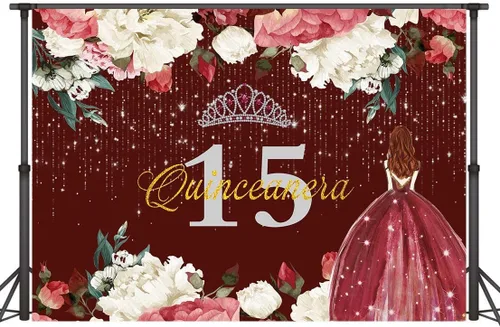 Vista 5 de Telón de fondo de feliz cumpleaños 15 para niña, quinceañera, 5 x 3 pies, corona de flores rojas burdeos, corona, princesa, decoración de fiesta
