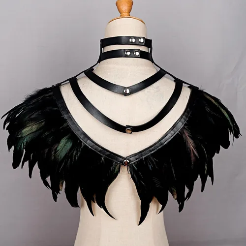 Vista 8 de L'VOW Real Negro Pluma Arnés Collar Collar Collar Babero Halloween