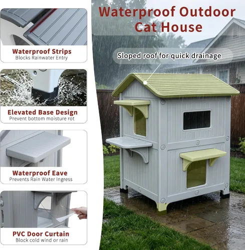 Vista 4 de Rockever Casa de gato con aislamiento de plástico para exteriores con puerta de escape, casa impermeable de 2 pisos para gatos al aire libre